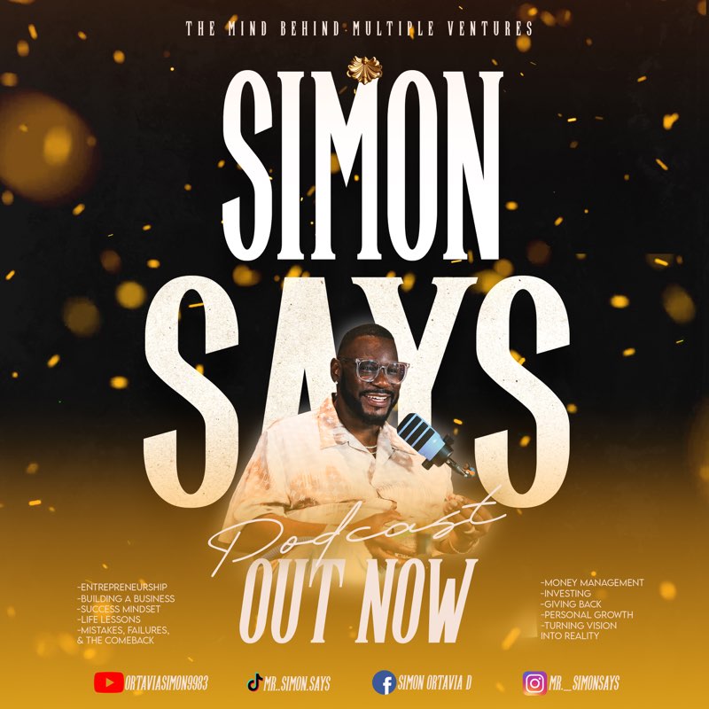 Simon Says Podcast cover art: the wordmark in gold and ivory over a portrait of Ortavia Simon at a microphone